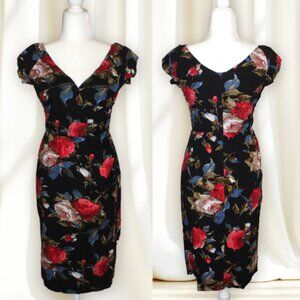 The Pretty Dress Company Black Red Floral Cap Sleeve Pencil Dress UK 14 US 10